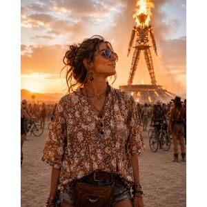 Hocosit Womens Floral V-Neck Henley Blouse Rust Orange Boho Short Sleeve Top M‎